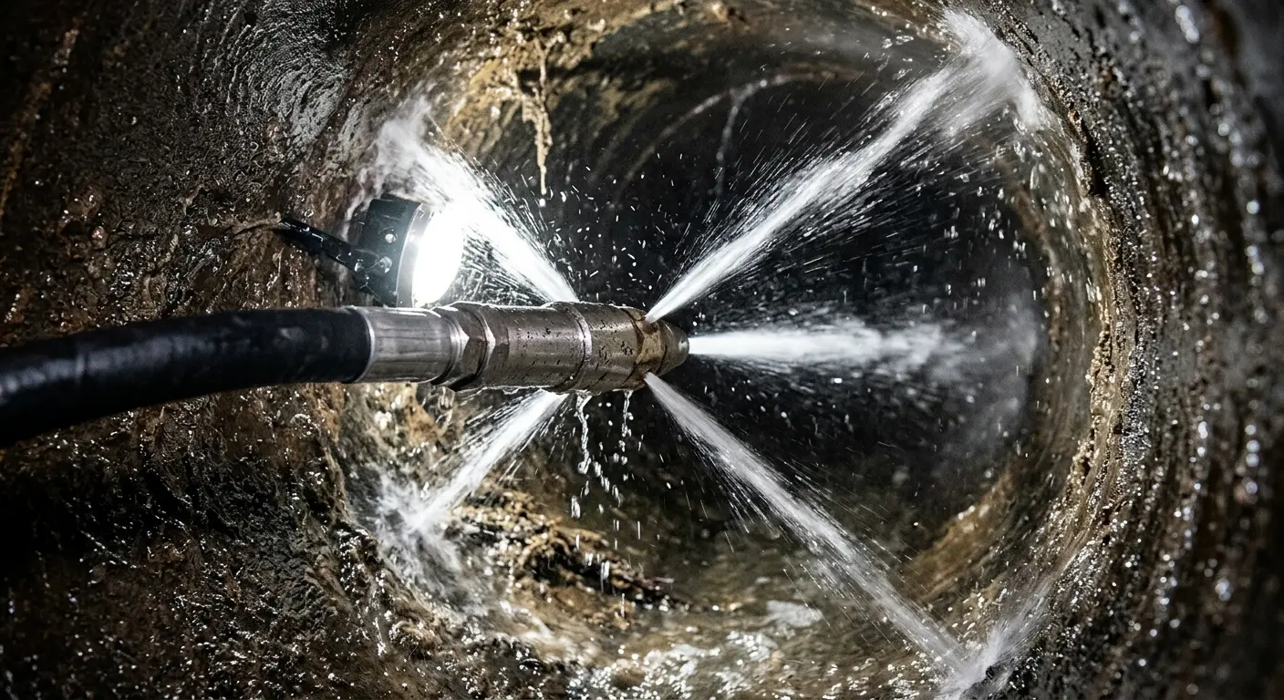 High-pressure hydro jetting nozzle cleaning sewer pipe for Sewer Cleanout in Jasper
