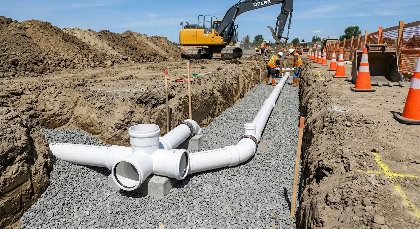 New PVC sewer pipe installation in open trench for Commercial Drain Cleaning in Jasper