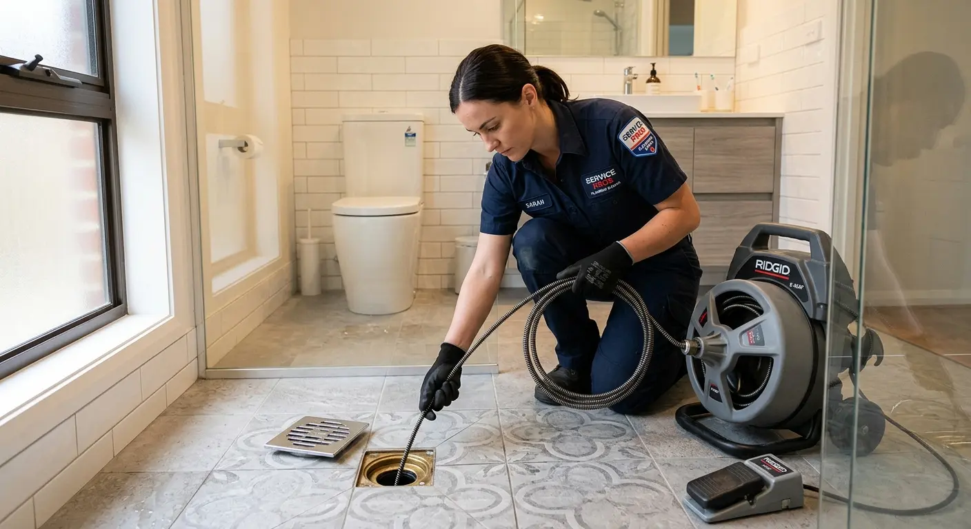 Technician clearing a bathroom floor drain for Clogged Drain Repair in Jasper